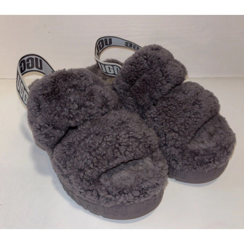 UGG Women's Fluff Yeah Slide Sandals Size 6 US Charcoal Gray Fur Lined